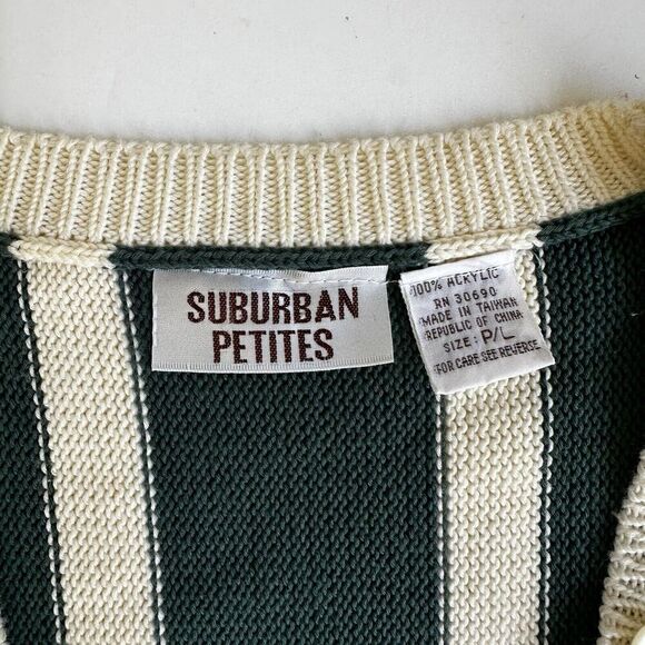 Vintage Suburban Petites Cardigan Sweater Green Cream Stripe Knit Women’s PL - Picture 5 of 9